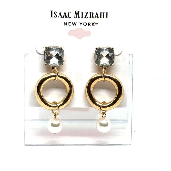 ISAAC MIZRAHI Gold Tone Crystal & Faux Pearl Dangling Post  Earrings - Picture 11 of 11